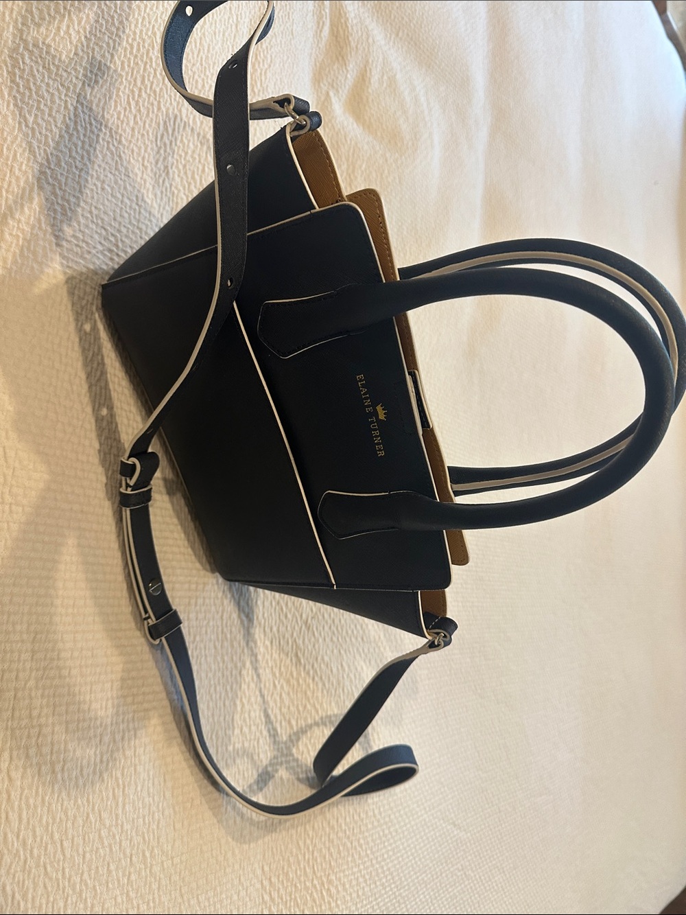 Elaine Turner Navy Satchel with White Piping and Adjustable Strap